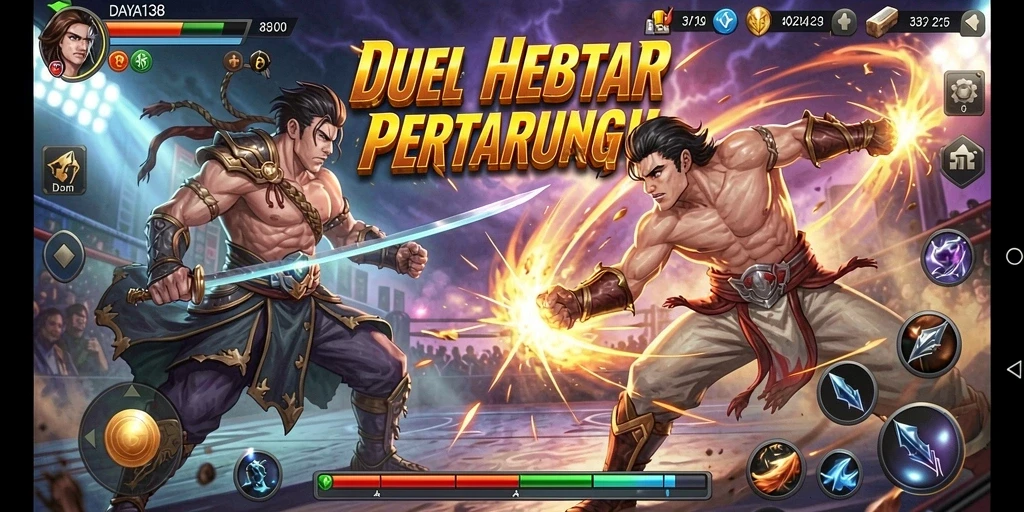 Screenshot DAYA138 menampilkan pertarungan epik antara karakter yang beragam.