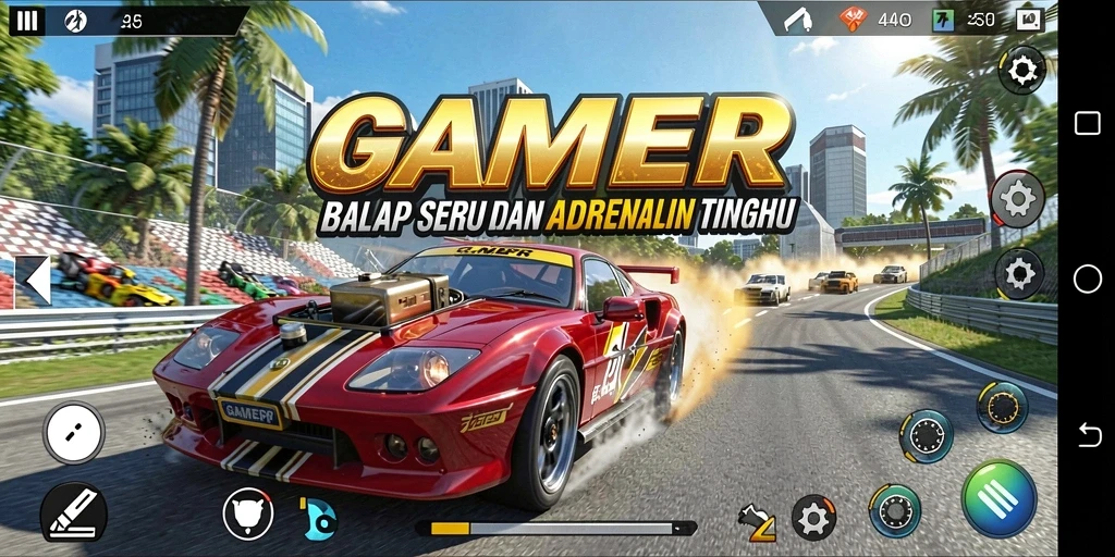 Gameplay GAMERP yang mendebarkan dan penuh aksi di lintasan balap.