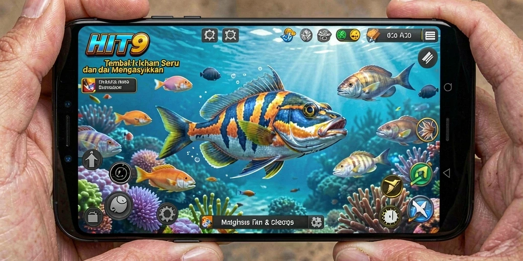 Screenshot gameplay HIT9 yang menunjukkan aksi menembak ikan.