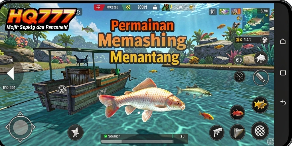 Screenshot gameplay HQ777 menampilkan aksi memancing yang seru dan interaksi antar pemain.