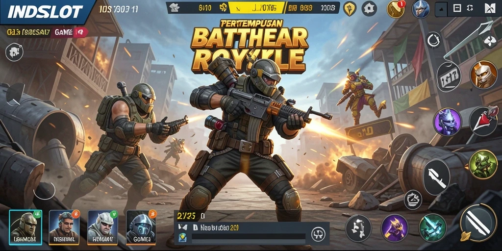 Screenshot game INDSLOT menampilkan aksi pertempuran intens di arena Battle Royale.