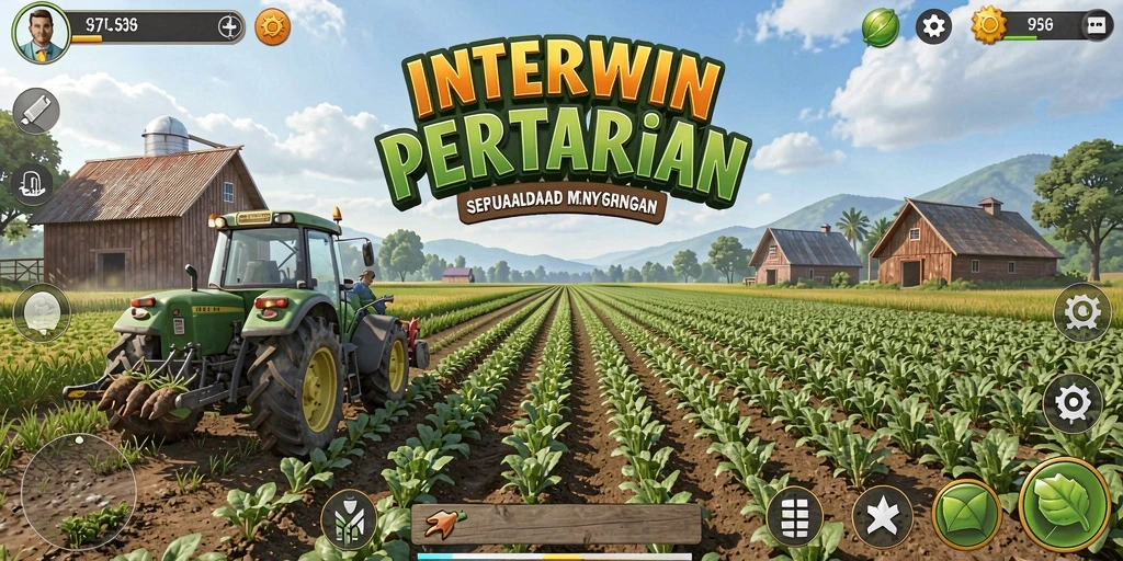 Gameplay INTERWIN menampilkan kebun yang indah dan hewan ternak yang menggemaskan.