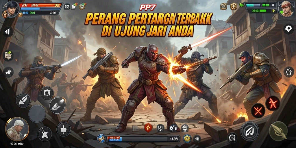Gameplay PP7 dengan karakter Fighting yang bertarung di arena.