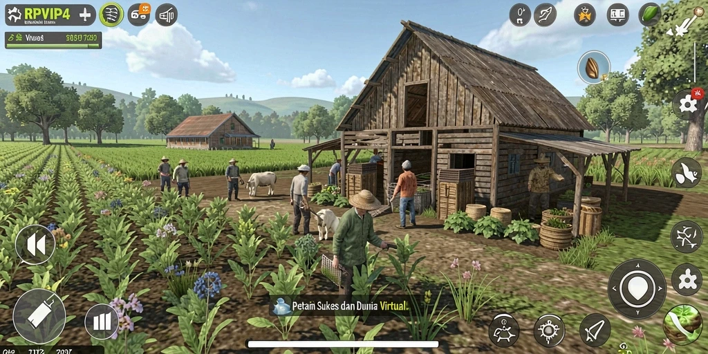 Tampilkan beberapa tanaman hijau dan hewan di kebun virtual.