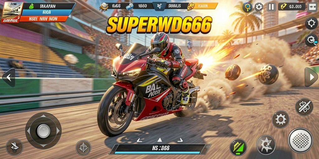 Gameplay aksi balapan motor yang seru dan mendebarkan di SUPERWD666.