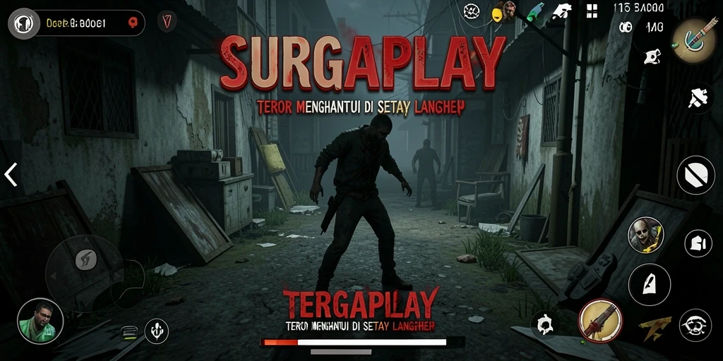 Screenshot gameplay SURGAPLAY saat karakter menjelajahi lingkungan horor.
